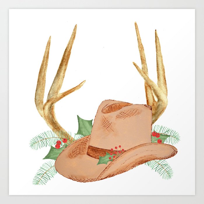 Cowboy Hat with Antlers Christmas Art Print