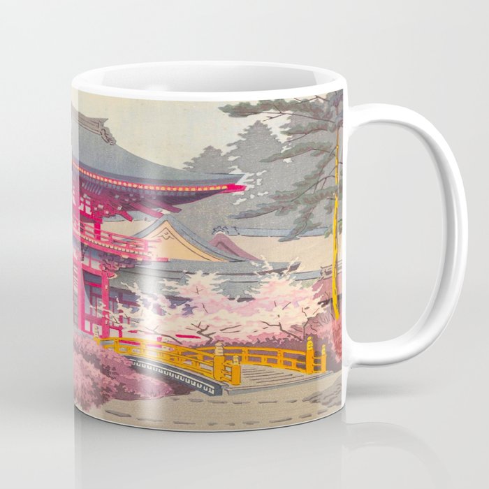Japanese Woodblock Print Vintage Bright East Asian Red Pagoda Spring Garden Coffee Mug