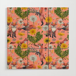 Dandelion Flowers with Foxes - pink Wood Wall Art