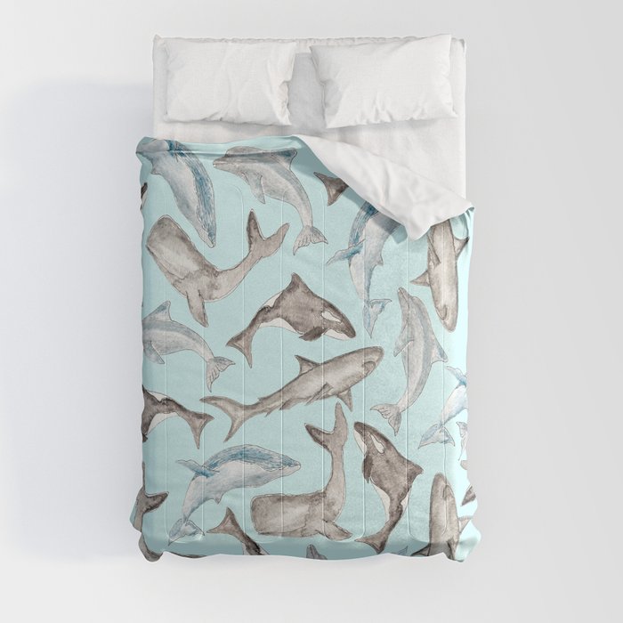 Oceanic Watercolor Fishes in Blue Black White Gray Comforter