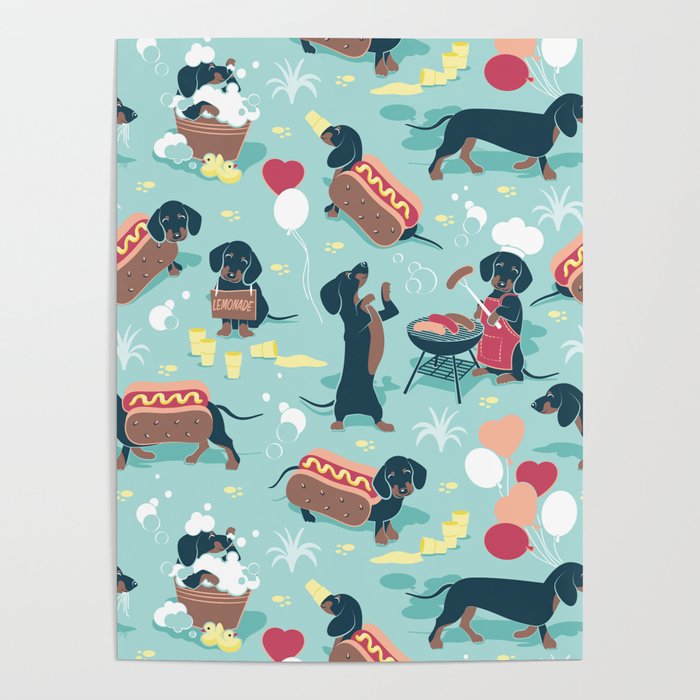 Hot dogs and lemonade // aqua background navy dachshunds Poster