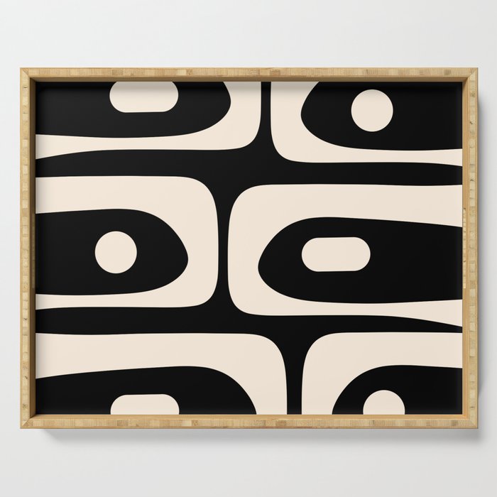 Mid Century Modern Piquet Abstract Pattern in Black and Almond Cream Serving Tray