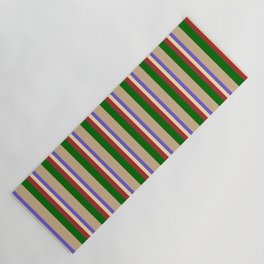 [ Thumbnail: Colorful Slate Blue, Beige, Brown, Dark Green, and Tan Colored Lines Pattern Yoga Mat ]
