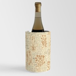 Seamless pattern with hand-drawn medicinal herbs and handwritten text Lorem Ipsum on a beige. background on the theme of herbal medicine. Retro wallpaper, wrapping paper, fabric design Wine Chiller