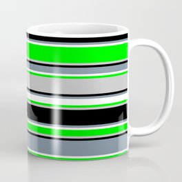 [ Thumbnail: Vibrant Lime, Grey, Black, Light Slate Gray & White Colored Pattern of Stripes Coffee Mug ]