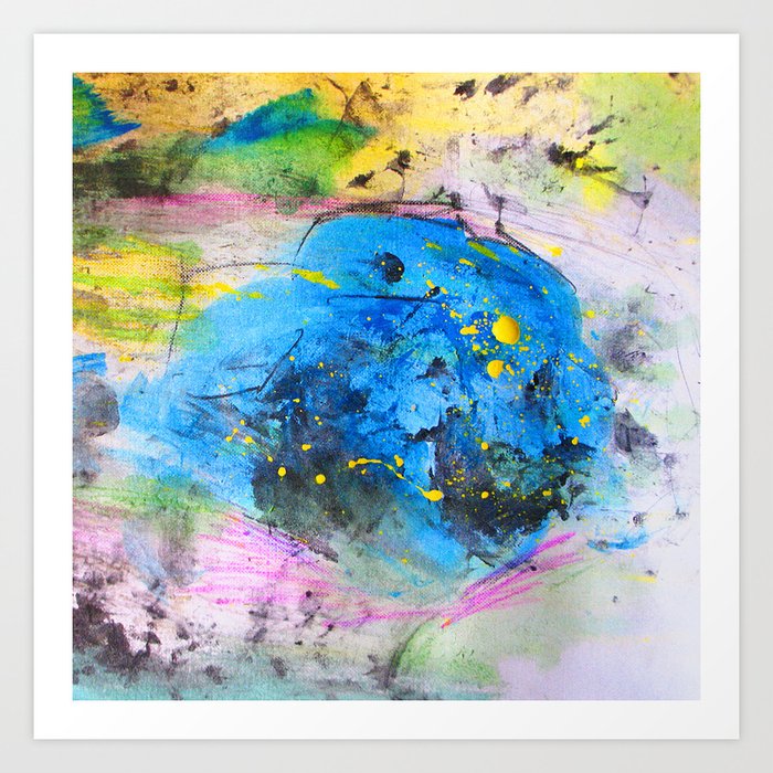 Rustic artistic abstract blue yellow pink watercolor brushstrokes Art Print