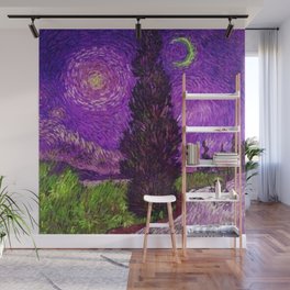 Road with Cypress and Star; Country Road in Provence by Night, oil-on-canvas post-impressionist landscape painting by Vincent van Gogh in alternate purple twilight sky Wall Mural