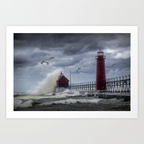 New Years Day Storm at the Grand Haven Lighthouse in Michigan Art Print