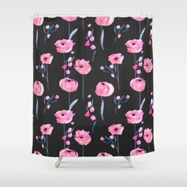 Watercolor pink poppies and floral branches seamless pattern, hand drawn on a dark background Shower Curtain