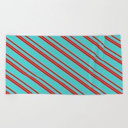 [ Thumbnail: Red & Turquoise Colored Stripes/Lines Pattern Beach Towel ]