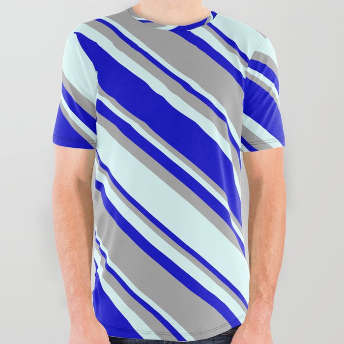 Blue, Dark Grey & Light Cyan Colored Pattern of Stripes All Over Graphic Tee