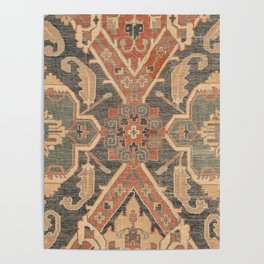 Geometric Leaves II // 18th Century Distressed Red Blue Green Colorful Ornate Accent Rug Pattern Poster
