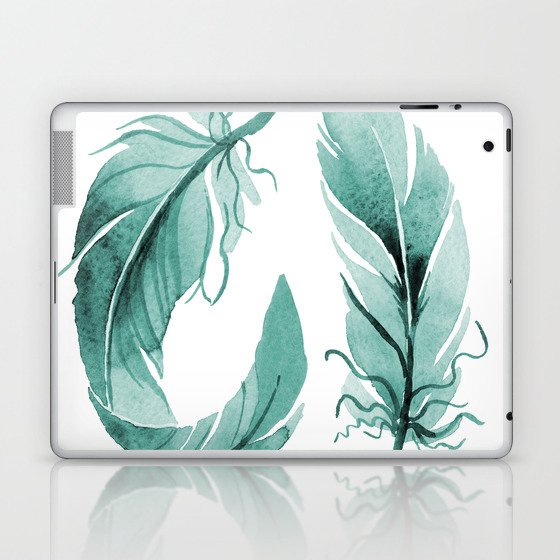 Teal Feather Watercolor Minimalist Laptop & iPad Skin