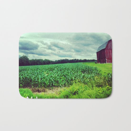 Red Barn on a Rainy Cloudy Day Bath Mat