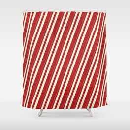 [ Thumbnail: Beige & Red Colored Lined/Striped Pattern Shower Curtain ]