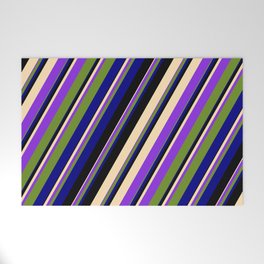 [ Thumbnail: Colorful Black, Beige, Purple, Green, and Blue Colored Pattern of Stripes Welcome Mat ]