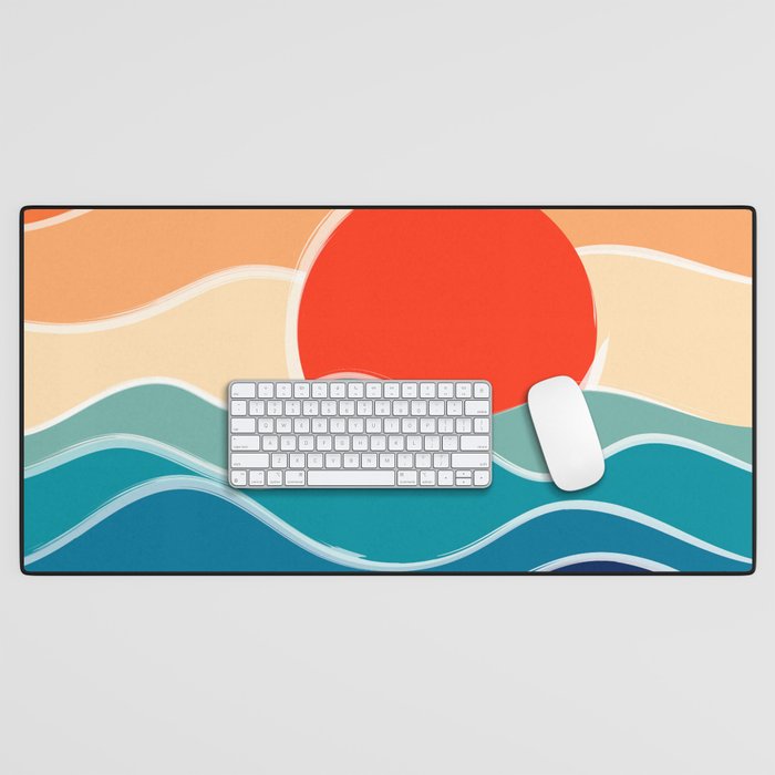 Retro 70s and 80s Color Palette Mid-Century Minimalist Nature Waves and Sun Abstract Art Desk Mat