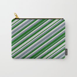 [ Thumbnail: Slate Gray, Dark Green & Light Gray Colored Striped/Lined Pattern Carry-All Pouch ]