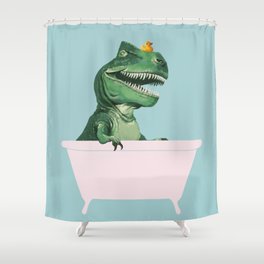 Playful T-Rex in Bathtub in Green Shower Curtain