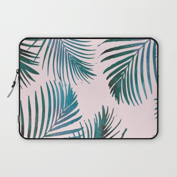 Green Palm Leaves on Light Pink Laptop Sleeve