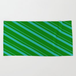 [ Thumbnail: Light Sea Green and Green Colored Stripes/Lines Pattern Beach Towel ]