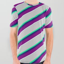[ Thumbnail: Vibrant Light Gray, Green, Midnight Blue, Purple & Light Cyan Colored Striped/Lined Pattern All Over Graphic Tee ]
