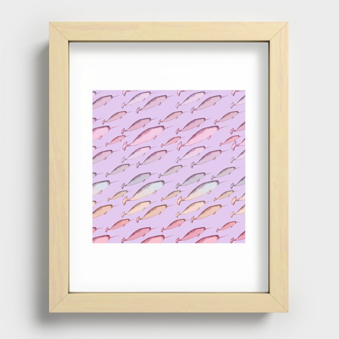 Gradient Pastel Aesthetic Narwhal Unicorn Whales Pink Lilac Blue y2k 2000s Pattern Recessed Framed Print