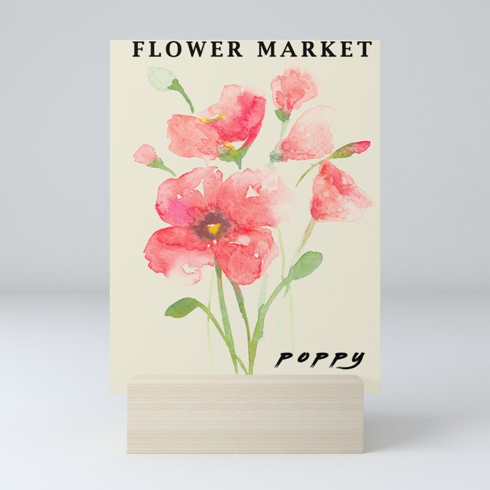 Vintage Watercolor Pink Poppy Flower Market,retro,museum,exhibition,fresh,floral,flowers,botanical,nature, Mini Art Print