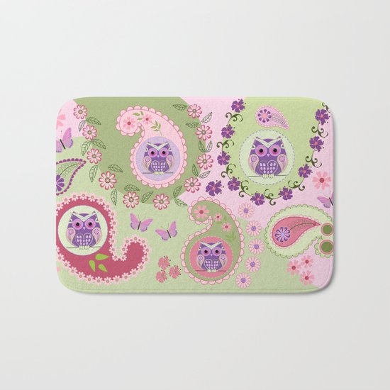 Retro paisley shapes with cute owls and flowers Bath Mat