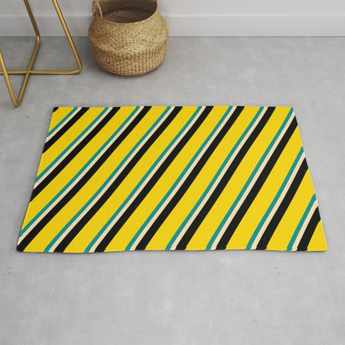 Dark Cyan, Beige, Black & Yellow Colored Stripes/Lines Pattern Rug