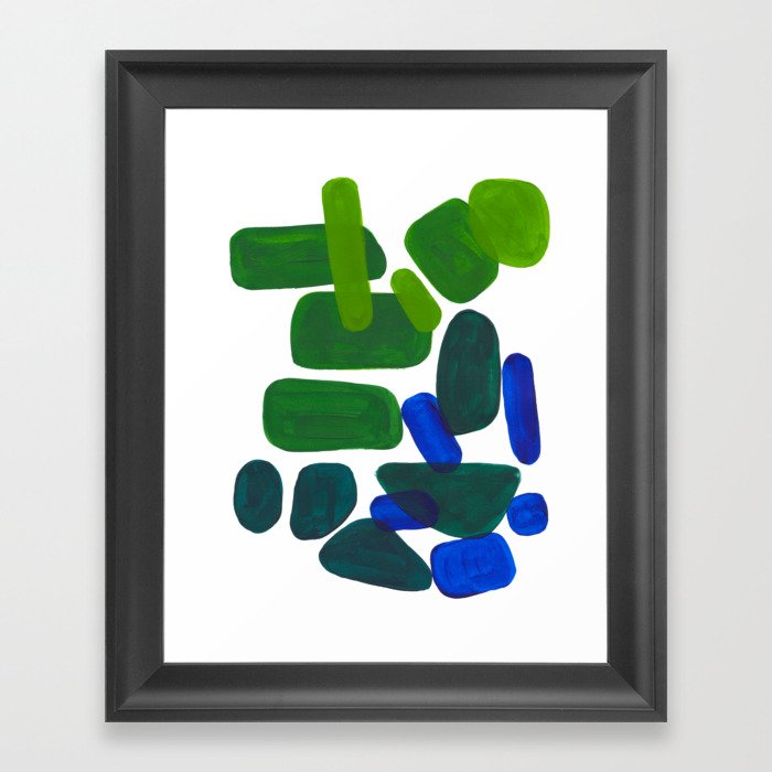 Mid Century Vintage Abstract Minimalist Colorful Pop Art Phthalo Blue Lime Green Pebble Shapes Framed Art Print