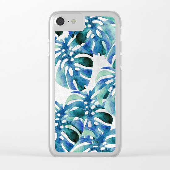 Monstera Pattern Green And Blue Clear iPhone Case