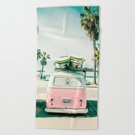 combi van surf art pink Beach Towel
