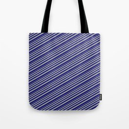 [ Thumbnail: Dark Grey & Midnight Blue Colored Lined/Striped Pattern Tote Bag ]