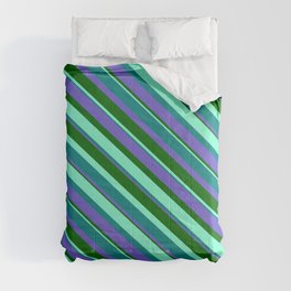 [ Thumbnail: Aquamarine, Teal, Slate Blue, and Dark Green Colored Striped Pattern Comforter ]