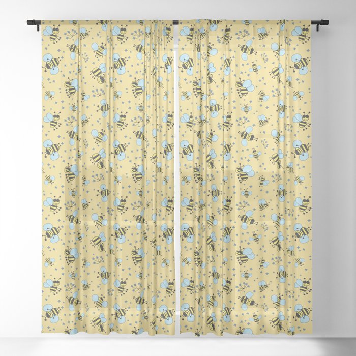  Fun bees pattern with navy blue flowers and yellow background Sheer Curtain