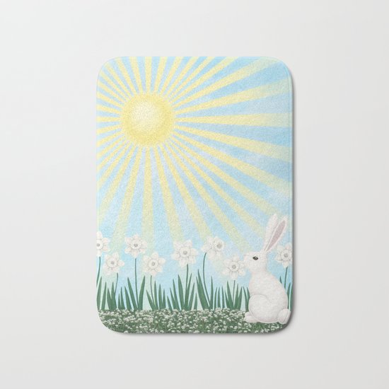 sunshine bunny with daffodils Bath Mat