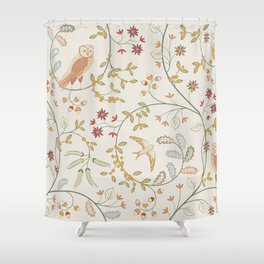 Vintage birds in foliage with flowers seamless pattern on light background. Middle ages William Morris style. Vintage illustration.  Shower Curtain