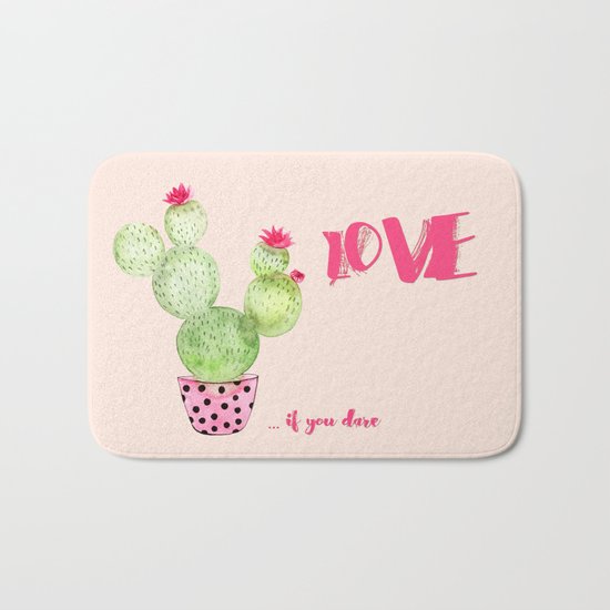 Love if you dare - Cactus watercolor illustration Bath Mat