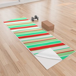 [ Thumbnail: Eye-catching Green, Tan, Red, Light Green, and White Colored Pattern of Stripes Yoga Towel ]