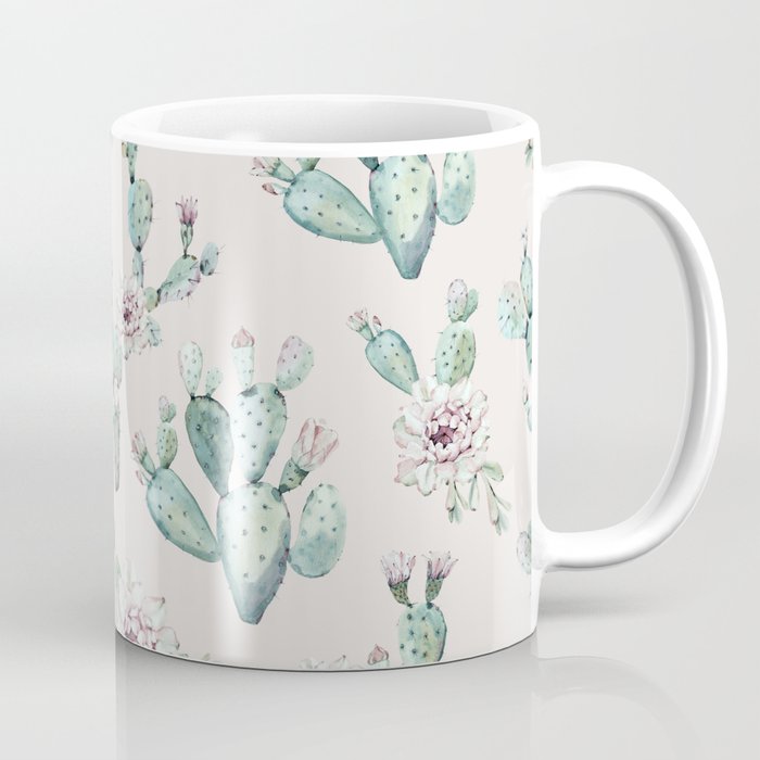 Pretty Cactus Rose Pattern Pale Pink + Green Coffee Mug