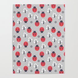 Ladybug and Tree Pattern on Light Gray Pattern Poster