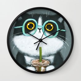Iced Coffee Day Wall Clock | Cat, Tuxedocat, Acrylic, Nerdcat, Catwithglasses, Icedcoffee, Coffeecat, Nerd, Coffee, Painting 