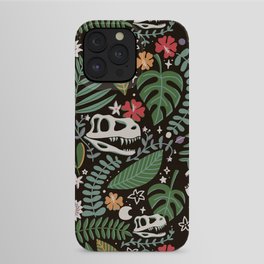 T Rex Tropical Dinosaur Floral - Black Red Green Multi iPhone Case