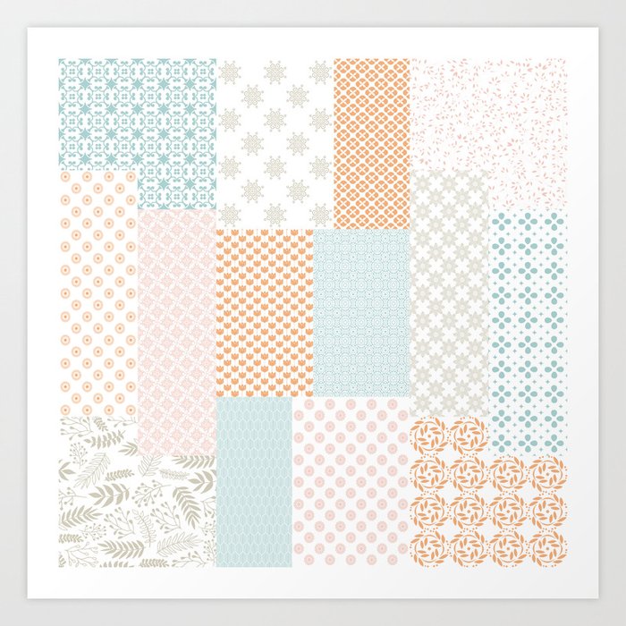 Modern Farmhouse Geometric Floral Quilt Pattern in Citrus Orange Pink Turquoise Beige Art Print