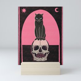 Cat on Skull black Mini Art Print