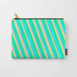 [ Thumbnail: Aqua, Tan, and Green Colored Striped/Lined Pattern Carry-All Pouch ]