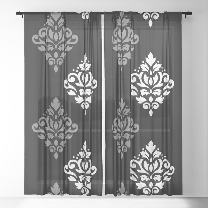 Scroll Damask Art I Black Grey White Sheer Curtain By