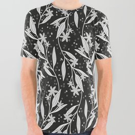 White and grey floral branches on black background All Over Graphic Tee