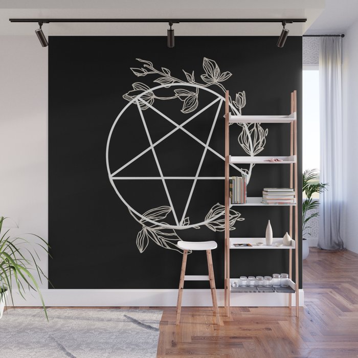 Pentagram with Plant Adornments - on black Wall Mural